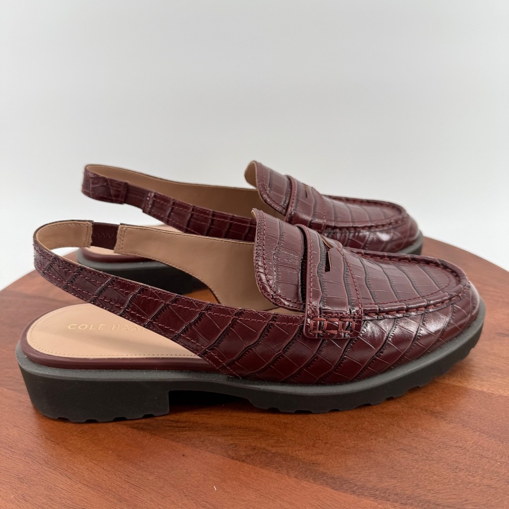Cole Haan Slingback Penny Loafers Burgundy Croc Embossed  Lug Sole Women 10B